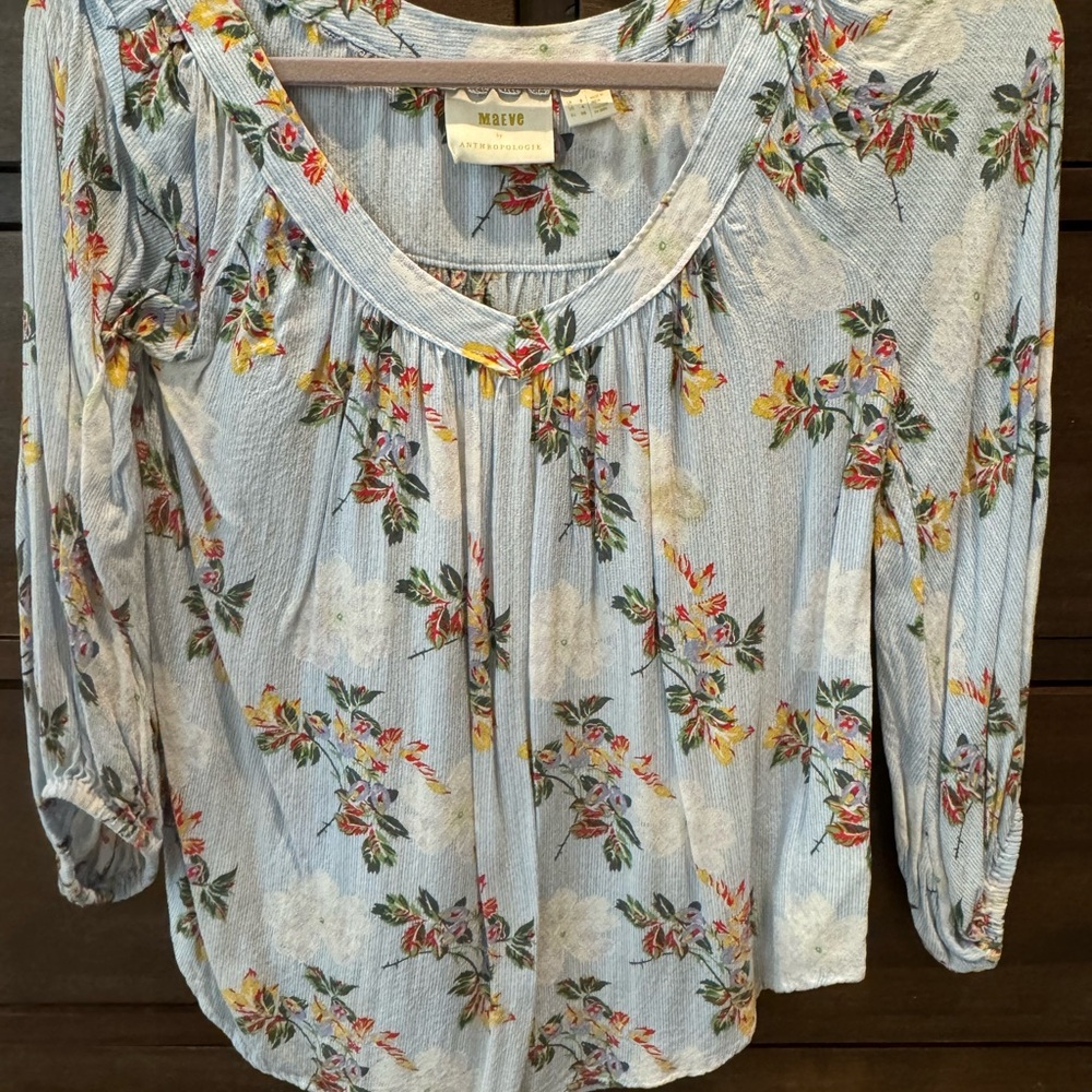 Maeve Blue Ruffled 3/4 Sleeve Blouse
